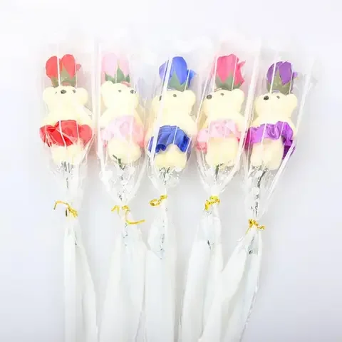 

Beautiful Bear Soap Flower With Teddy Bear For Wedding Valentine'S Day Gift Handmake Soap Rose Dried Flowers Home Decoration