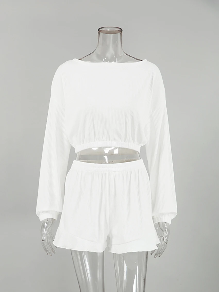 Marthaqiqi Casual Ladies Nightwear 2 Piece Set O-Neck Sleepwear Long Sleeve Nightgowns Crop Top Pajamas Shorts Femme Home Clothe