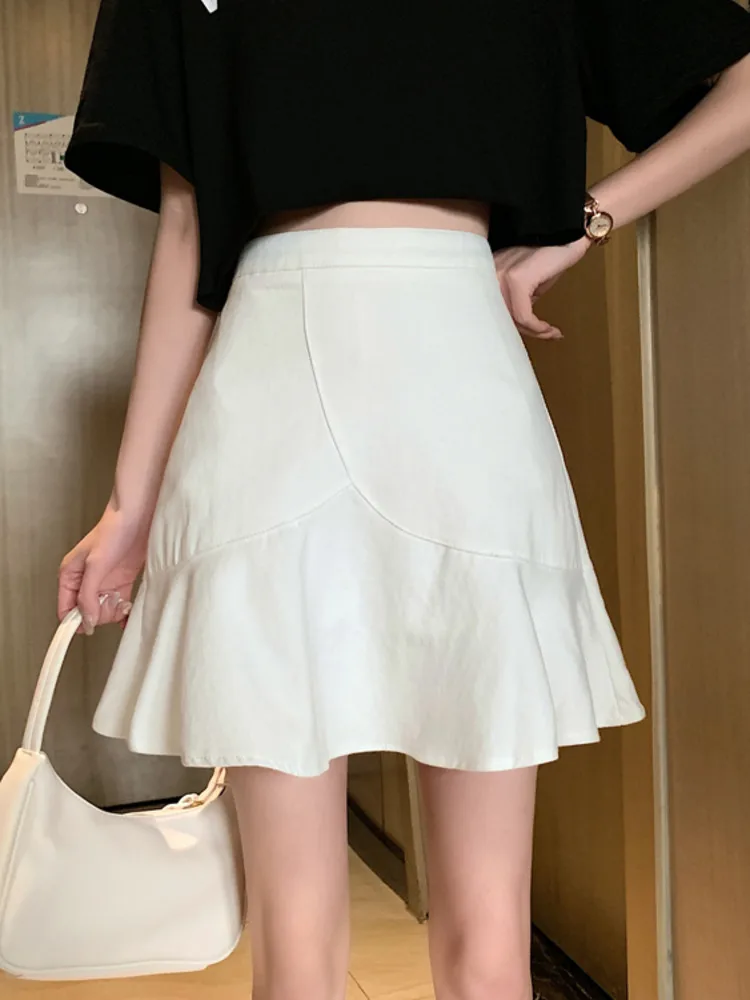 

M-4XL Large Size A-line Mini Skirts Women Summer High Waist Thin Ruffled Fishtail Solid Color Loose Stretch Short Skirt Female