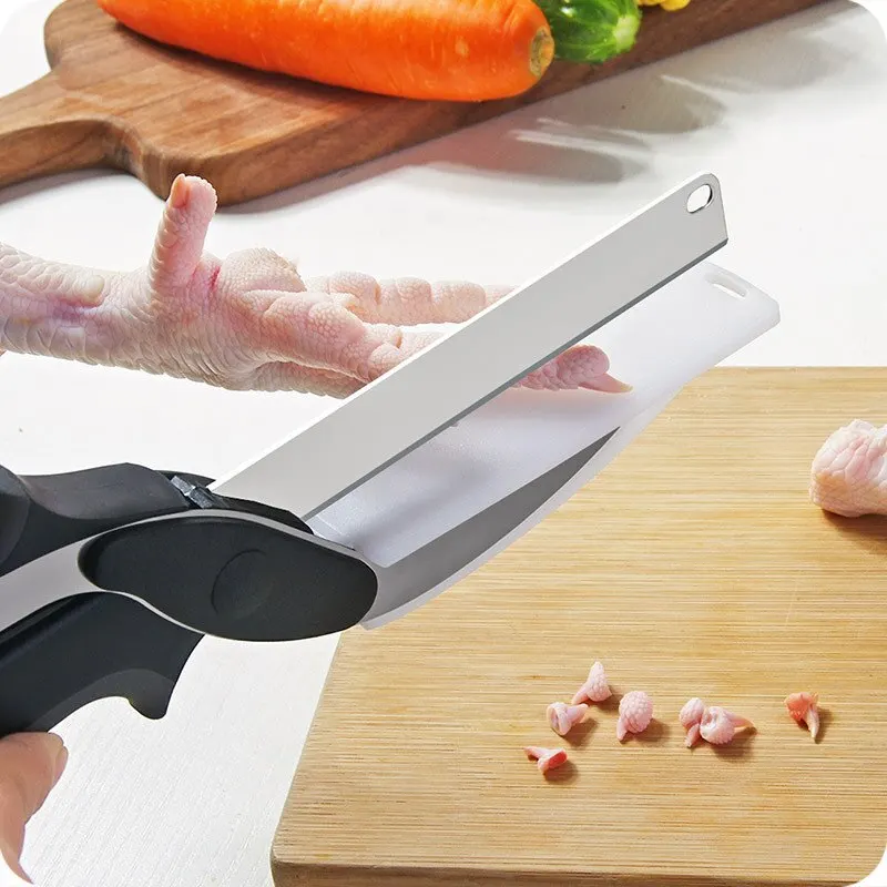 1pc Food Cutter Kitchen Scissors, Salad Chopper with Built-in Cutting Board Easy Cutting Multipurpose Stainless Steel Scissor