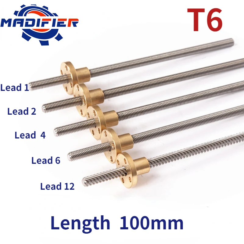 

304 нержавеющая сталь T6 длина винта 100 мм свинец 1 мм 2 мм 4 мм 6 мм 12 мм трапециевидный шпиндель 1 шт. с латунной гайкой