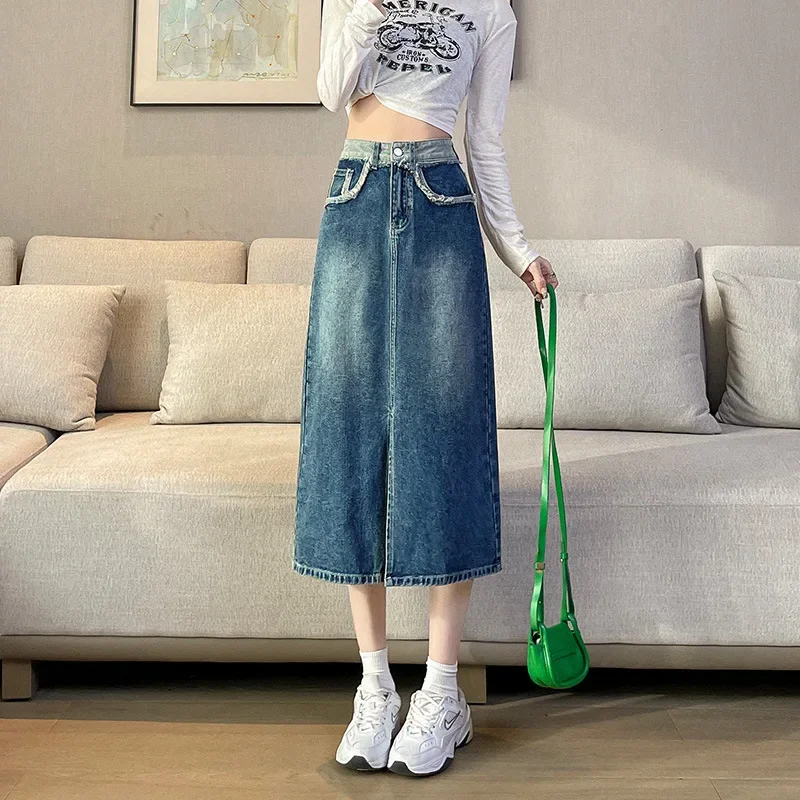 

Raw Edge Slit Denim Half Skirt Female New Spring And Summer Version Of High Waist Jean Bag Buttock Skirt Womens Medium Length