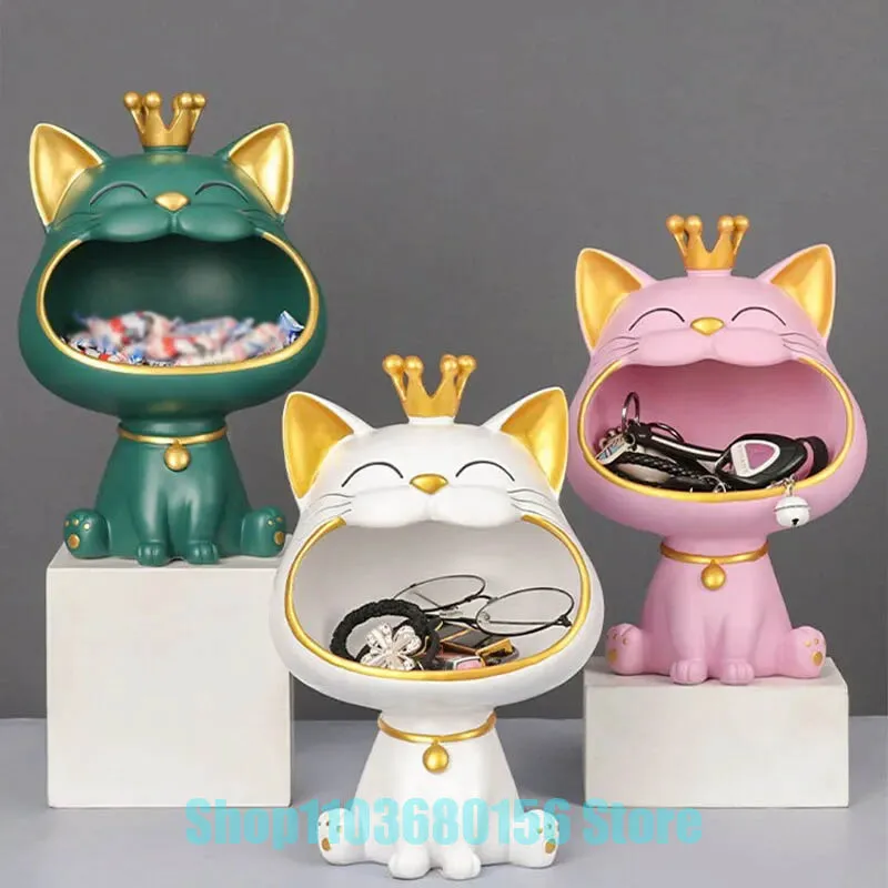 

Fortune Crown Big Mouth Cat Entrance Key Storage Tray Decorative Ornament, Light Luxury Housewarming Gift Sculpture