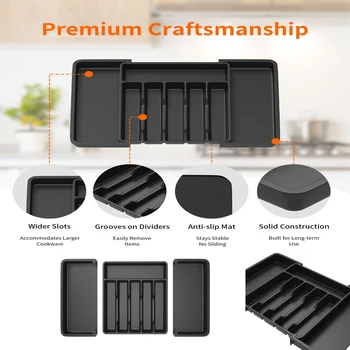 Vassoio per posate, cassetto per utensili, vassoio portaoggetti espandibile per cucina, con grande capacità da 6 a 8 scomparti, nero 1