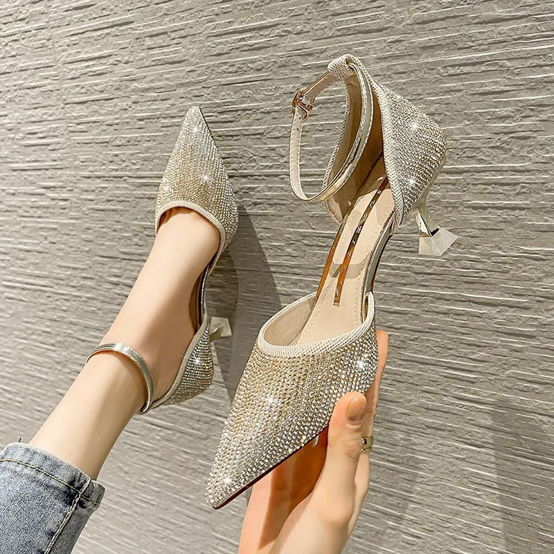 

Summer OL Female Party Shoes Fashion Pointed Toe Ladies Bridesmaid 6cm Thin High Heels Solid Blingbling Club Women Wedding Shoes