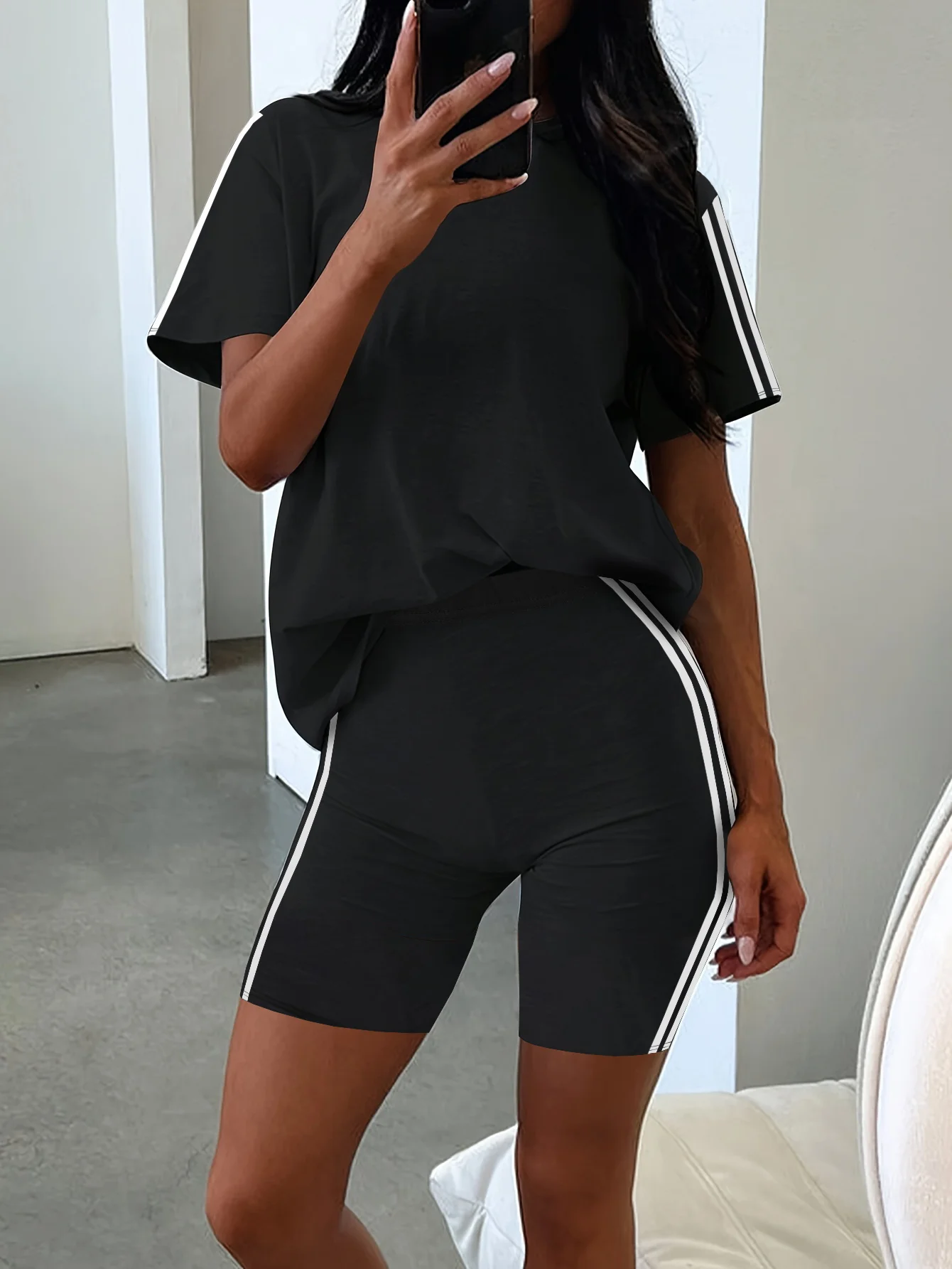 Women's summer casual loose fit large size round neck short sleeved T-shirt+shorts two-piece set 2