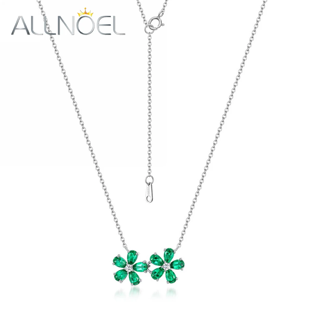 

ALLNOEL 925 Sterling Silver Necklace For Women lab Created Emerald Double Clover Four Leaf Clover Fine Jewelry Anniversary Gifts