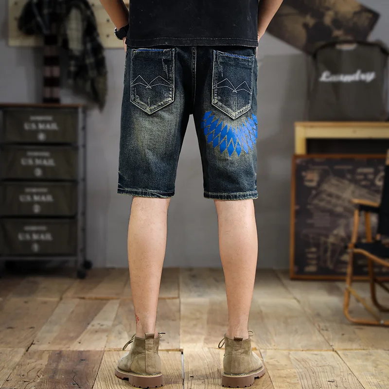 Retro Washed Distressed Scrape Denim Shorts Men's Summer New 2024 Fashion Printed Design Slim Ripped Cropped Pants