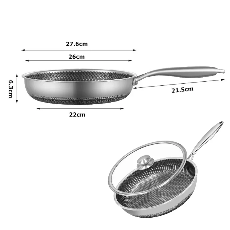 Stainless Steel Frying Pan Nonstick Honeycomb Fry Pan With Lid Induction Ceramic Electric Gas Cooktops Compatible KC0480