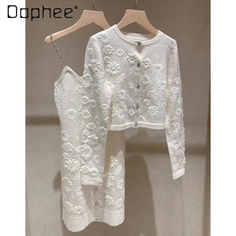 

Retro Advanced Dress Suit Autumn and Winter Three-Dimensional Embroidery Flowers Knitted Sweater Suspender Dresses Two-Pieces