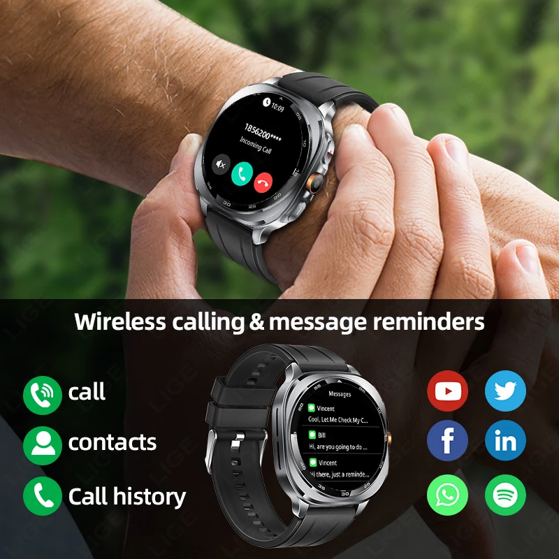 LIGE Military Sport GPS Smartwatch Men AMOLED Flashlight Health Monitoring Waterproof Heart Rate BT Call Man Smart Watch Android