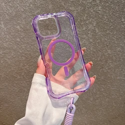 Heavy Duty Clear Shockproof Magnetic Phone Case with Magsafe Charging and Lanyard Attachment - iPhone 15 Plus (Clear Purple)