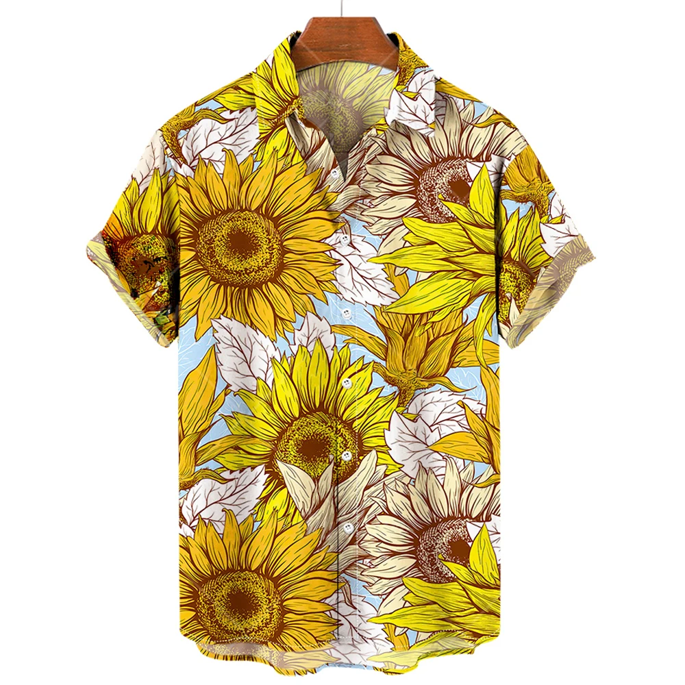Hawaiian Mens Shirts Sunflower 3d Print Shirts For Men Lapel Fashion Short Sleeve Mens Clothing Loose Oversized Tops
