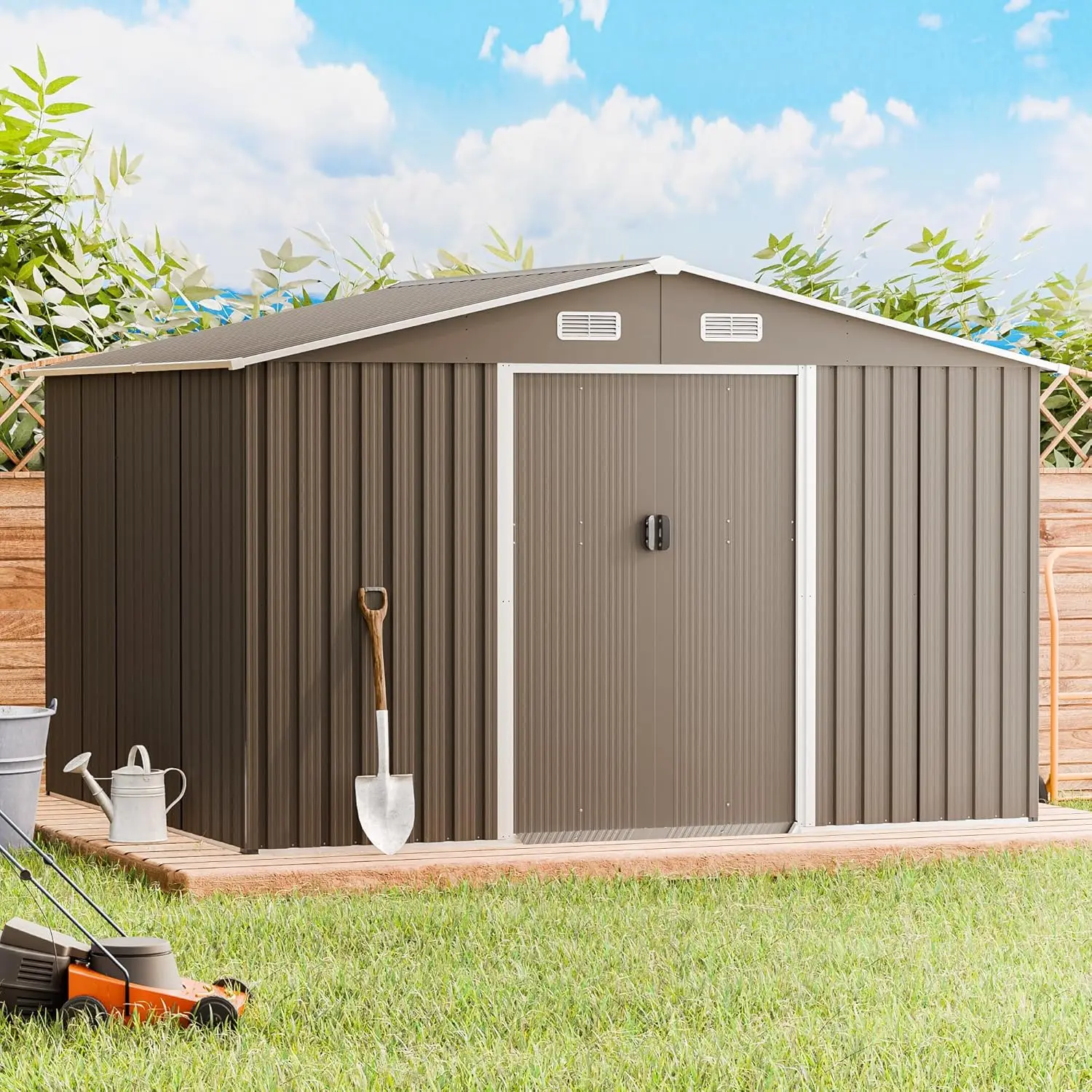 10'X8' Outdoor Storage Shed Metal Galvanized Tool Shed With Vents & Lockable Sliding Door,Waterproof Backyard Shed For