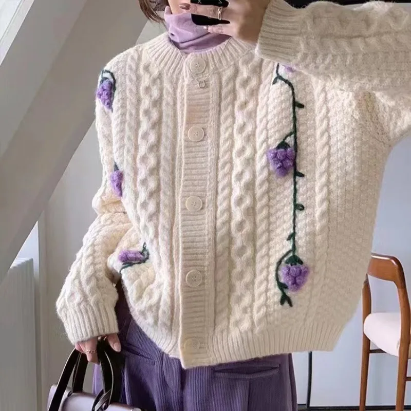 

White Knitted Cardigan Women Button Puff Sleeve Fashion Elegant Autumn Winter Lantern Sleeve Casual V Neck Slim Sweater Outwear