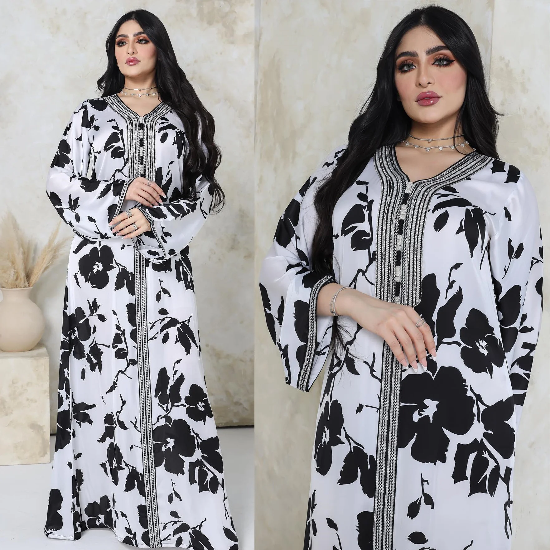 2023 new Muslim uae qatar Dubai black and white printed fashion knitted