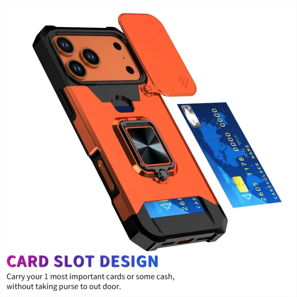 Shockproof Armor Phone Case with Card Slot, Ring Holder, and Slide Camera Cover