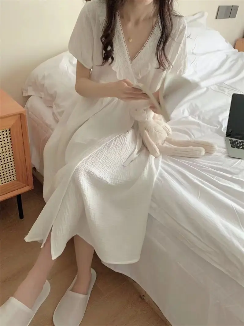 Cute Lace Nightgown Robe Women's Pajamas for Spring Summer Short Sleeved Home Clothes Sleep Loungewear Basic Woman Kimono Robes women nightgowns women nightdresses women pajamas sleeping dress