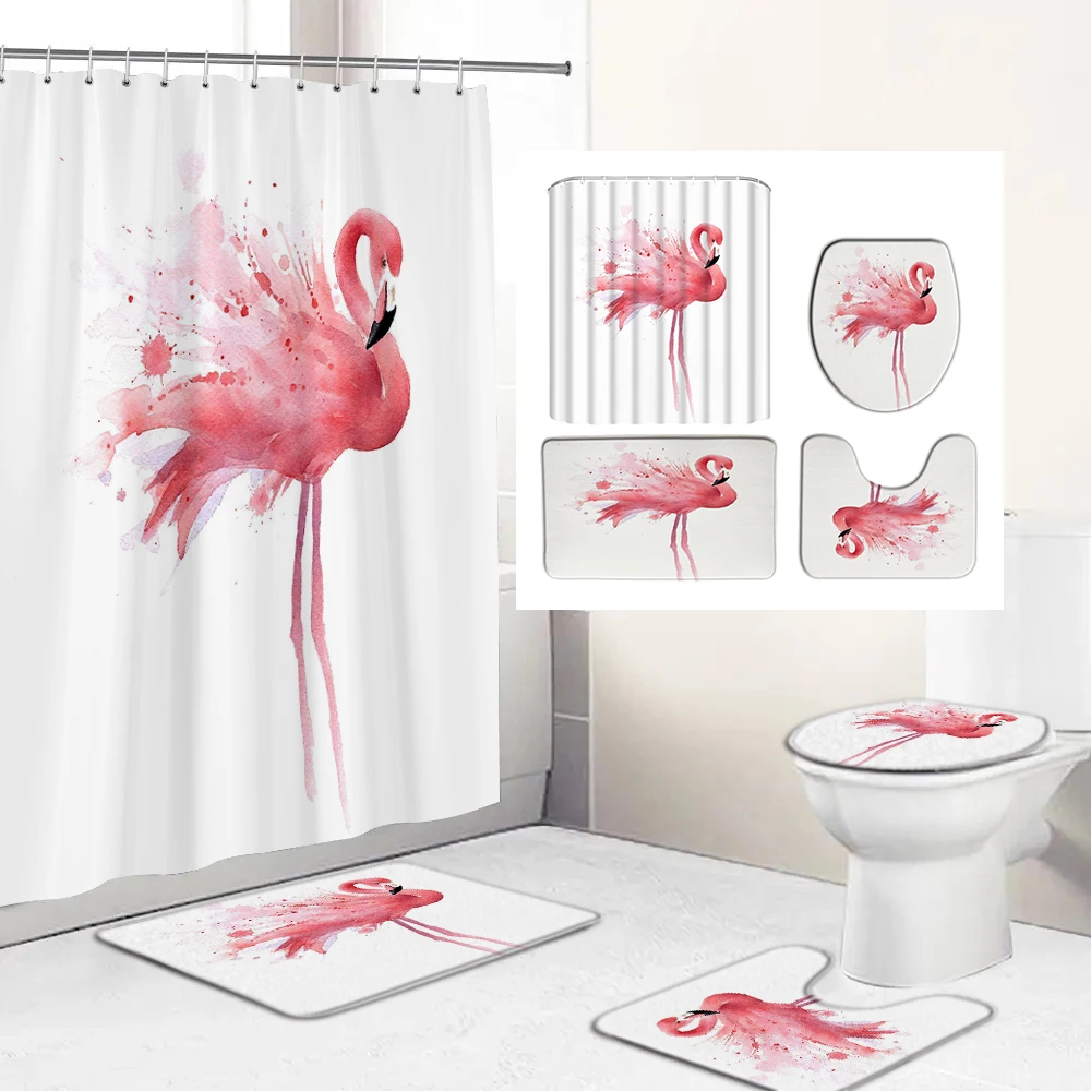 

Pink Flamingo Print Shower Curtain Set with Hook Nordic style Bathroom Curtains Anti-slip Bath Mat Carpets Rugs Home Decoration