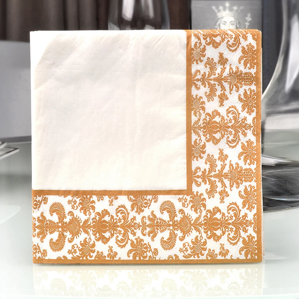 100pcs Gold Printing Disposable Napkin Tissue Paper Printed for Restaurant and Hotel (Golden + White)