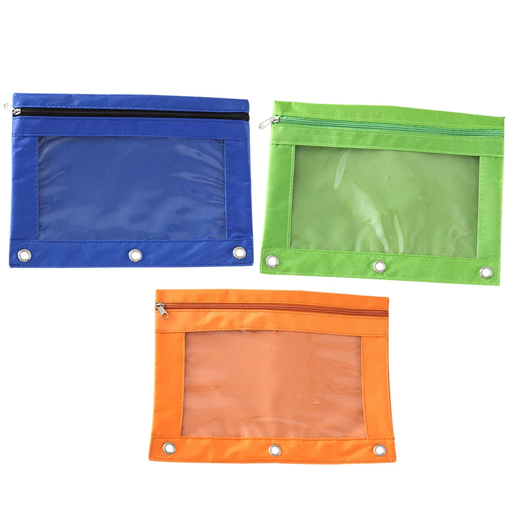 

3 Pcs Three Hole Pencil Case Binder Clips Pocket Pens Holders Clear Pouch Loose Leaf for Ring Zipper Oxford Cloth Bag