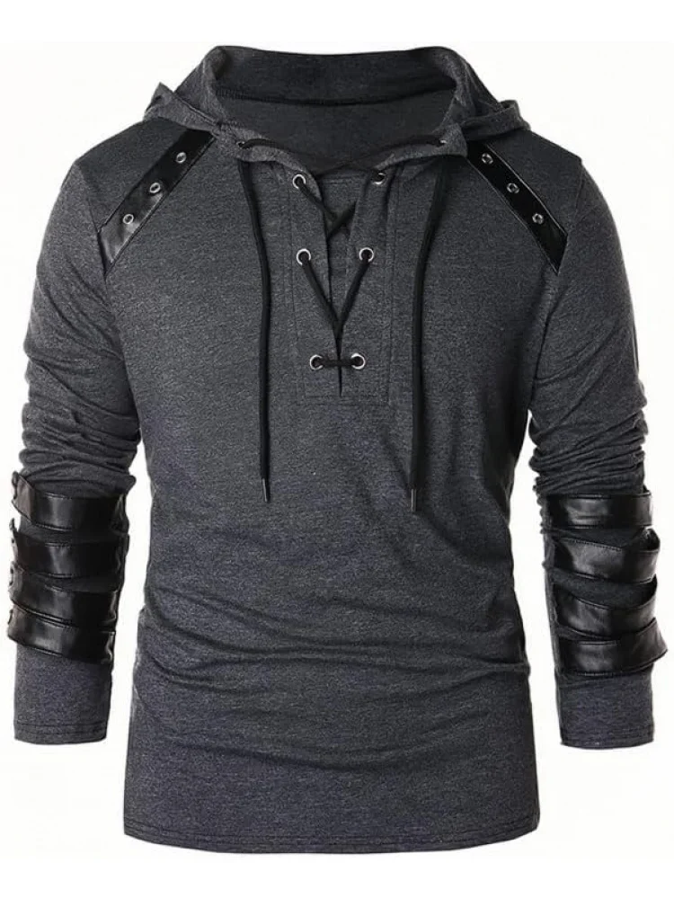 Men's Knight Drawstring Lace Up Pullover Hoodie Steampunk Long Sleeve Hooded Sweatshirt Black, Gothic Victorian Style