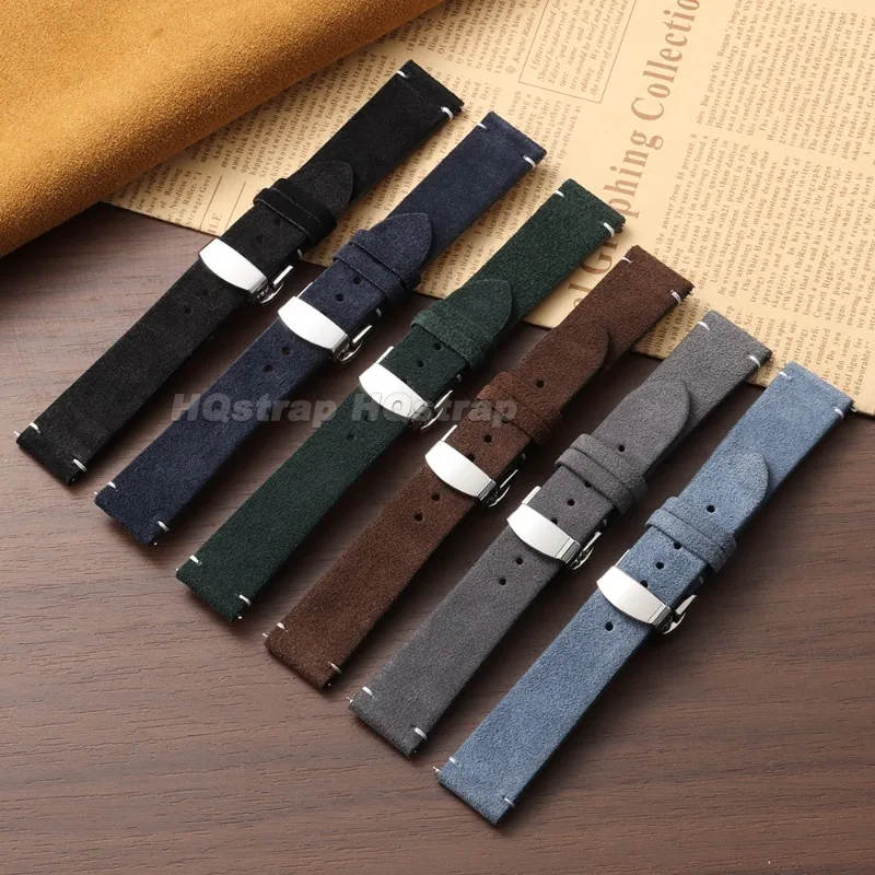 Vintage Suede Leather Watch Strap with Butterfly Buckle
