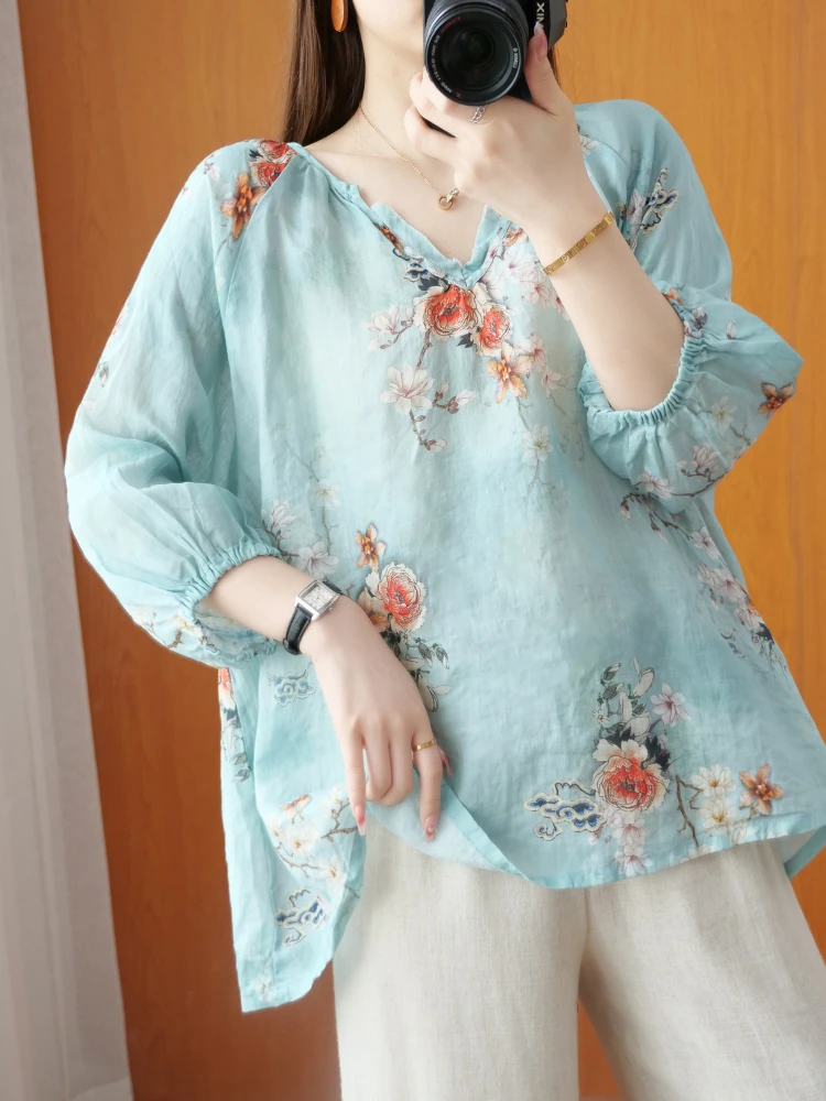 

2022 Summer Retro Printed Shirt Loose V-neck Shirts Female Elegant Lady Blouse Baggy Oversized Beach Tops Femininas