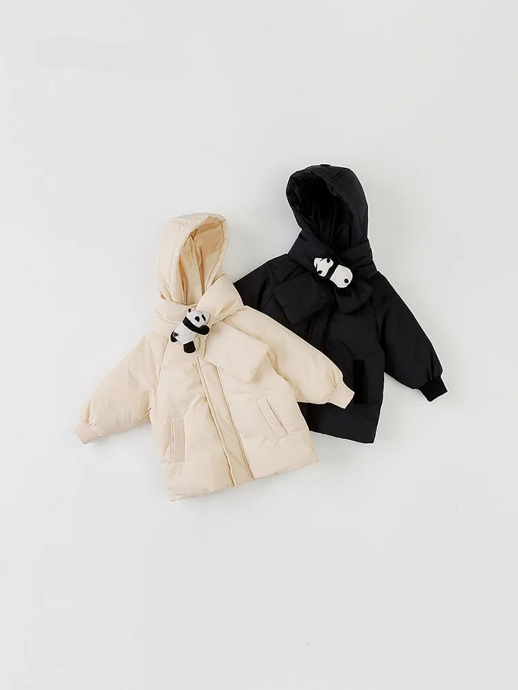 

Winter Children's Down Jacket White Duck Down With Cute Panda Bib Baby Boys Girls Mid-length Hooded Coat Zipper Warm Clothes