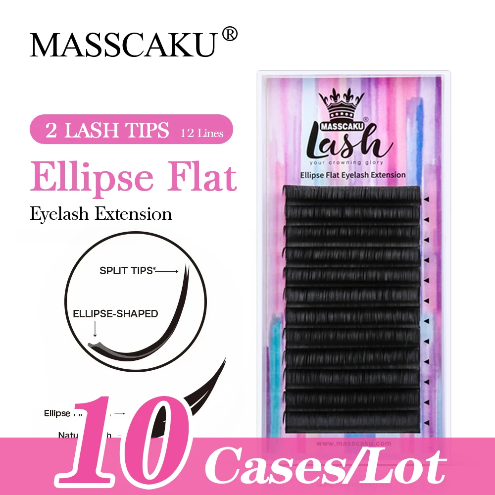 

MASSCAKU New Hot Selling Ellipse Flat Eyelash 10case/lot C/D Curl Individual Semi-permanent Soft Ellipse Shaped Lash Extension