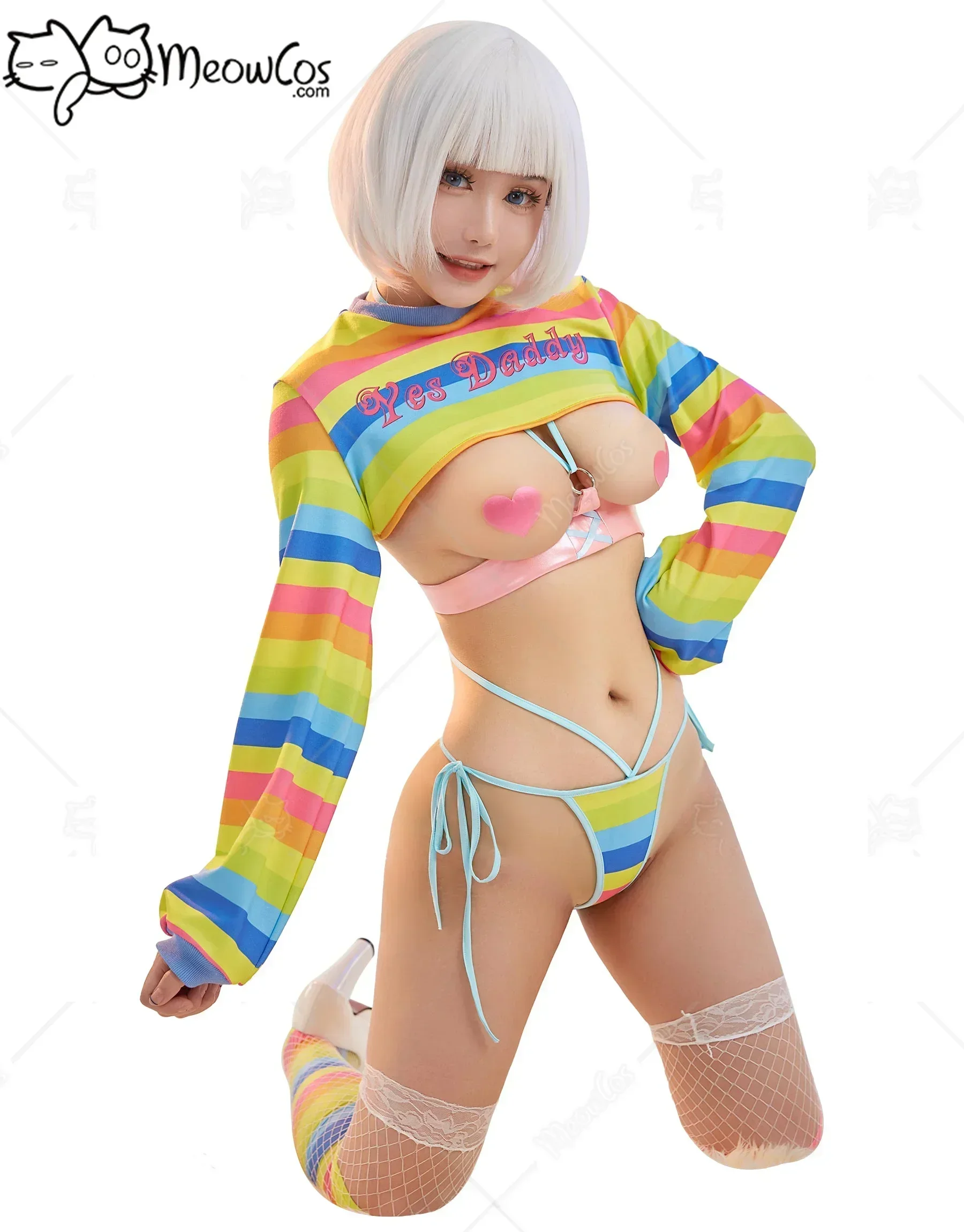 

Meowcos Sexy Women Lingerie Set Pride Show Breast Print Rainbow Stripe Set with Fishnet Stockings and Corset Cosplay Costumes