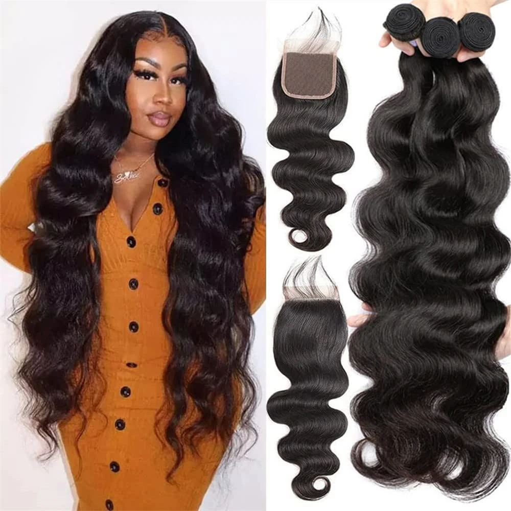 Body Wave 100% Human Hair Bundles With 4x4 Closure Brazilian Bundle With Closure Human Hair Extensions 3 Bundles For Black Women
