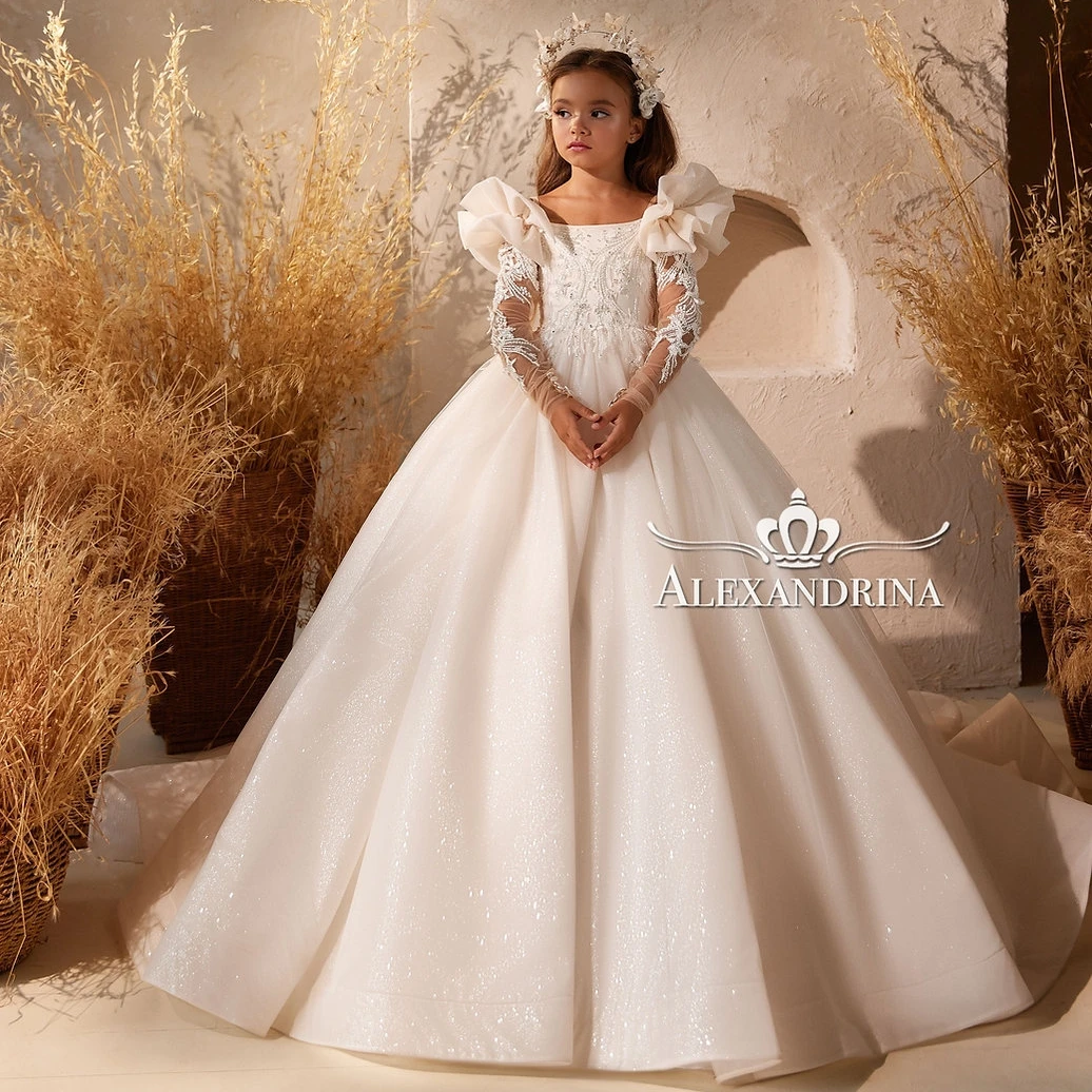 

Exquisite Flower Girl Dresses for First Communion Glitter Appliqued Children Birthday Gowns Luxury Kids Pageant Dresses