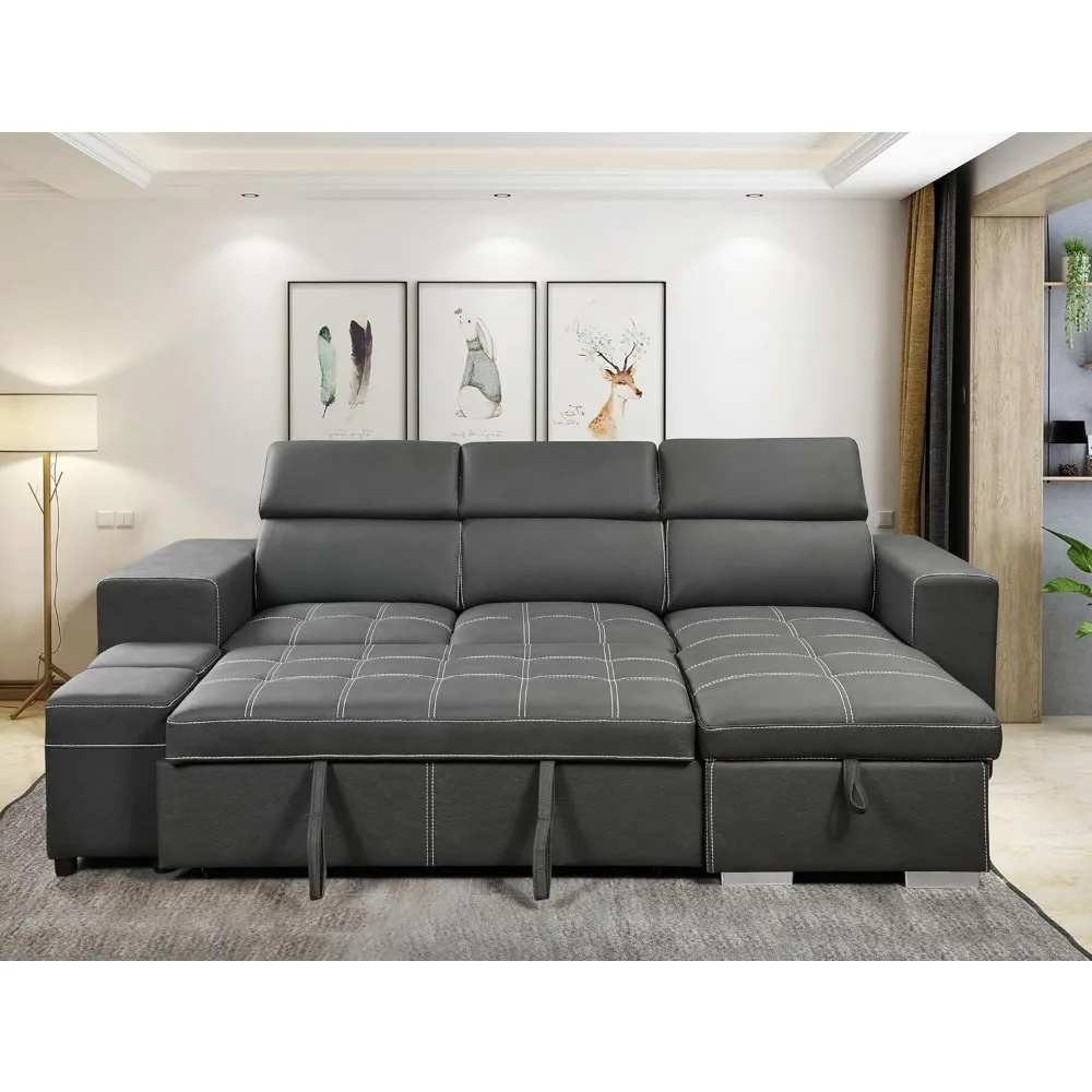 Description Picture 6 of itemSectional Sleeper Sofa with Pull-Out Bed, Chaise & Storage Ottoman 5 Seater L-Shaped Couch with Adjustable Headrest and Stools