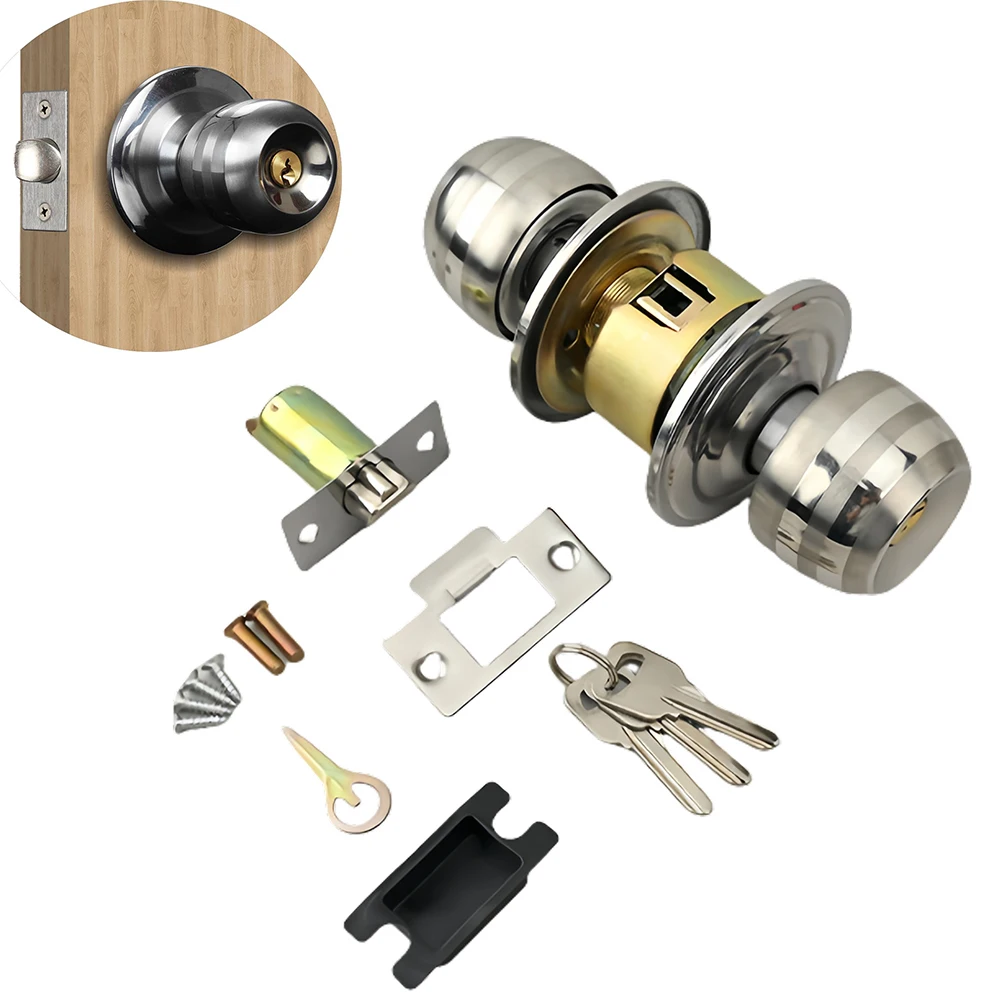 Stainless Steel Round Door Knobs Rotation Lock Knobset Handle Metal Door Knob Lock With Key For Bedrooms Living Rooms Bathrooms door knobs