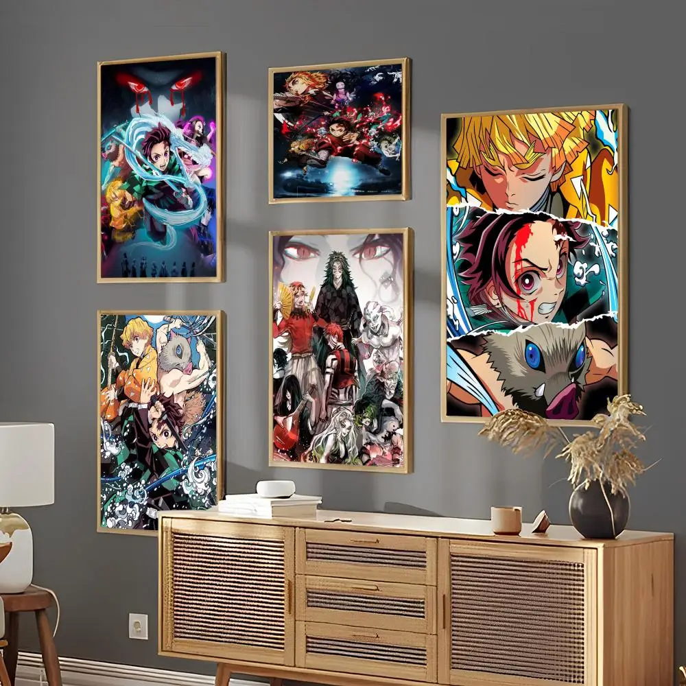 Anime Demon Slayer Self-adhesive Art Poster Fancy Wall Sticker Anime Stickers Anime Poster Vintage Posters Poster Prints Diy Poster Sticker For Living Room Bar Vintage Decorative Aesthetic Gaming Boy Room
