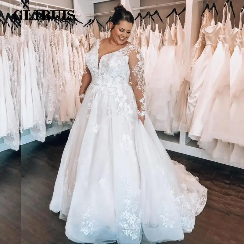 

Boho Plus Size Wedding Dresses Illusion Long Sleeve Appliques Lace Tulle A Line Bohemian Bridal Gowns robe de marie Customized