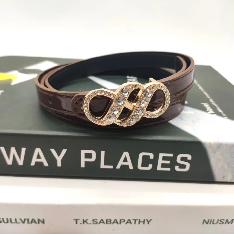 

New Pu Rhinestone Inlaid Alloy Buckle Thin Belts 2023 Women Belt Trendy Jeans Dress Waistband Strap