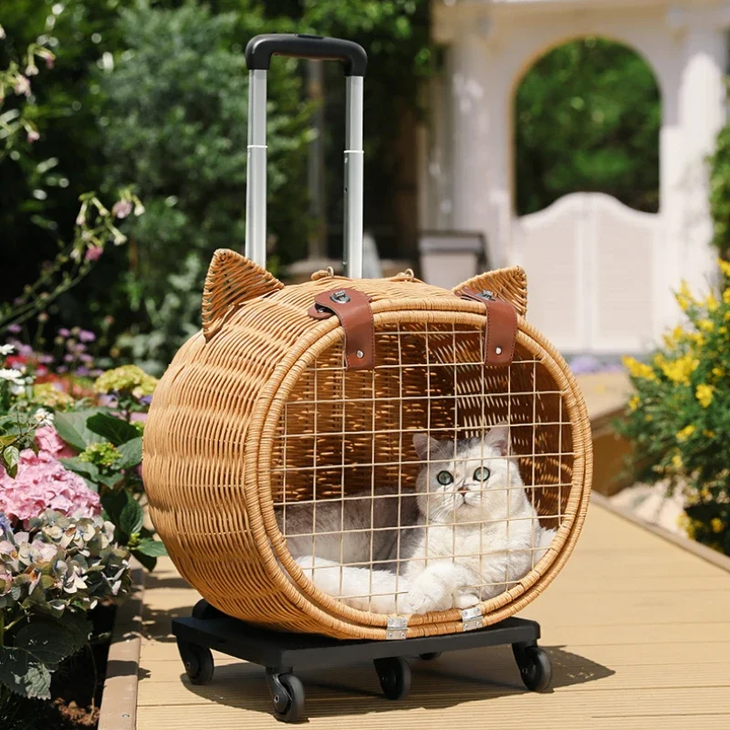 

Creative Trolley Case Goes Out Portable Cat Natural Rattan Weaving Pet Stroller Breathable Outing Bag Pet