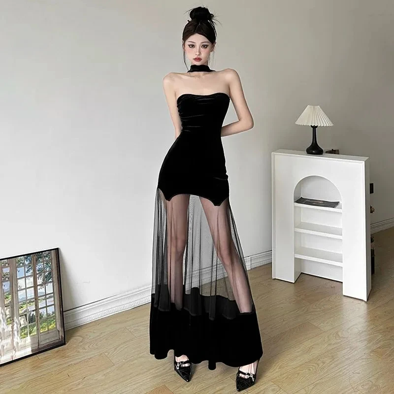 

Korean Mesh Patchwork Dress Women Chest Wrapping Halter Sexy Chic Backless Skirt Slim Skinny Elegant Party Female Vestidos