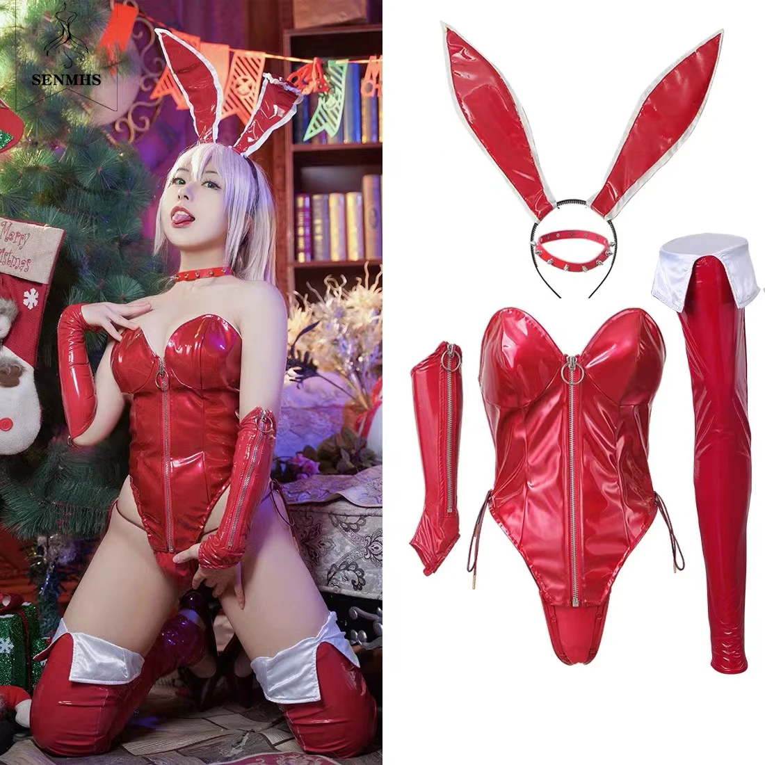 

SENMHS Anime Party Bunny Girl Cosplay Costume Red Patent Leather Jumpsuit Zipper Deep V Halloween Costumes for Women