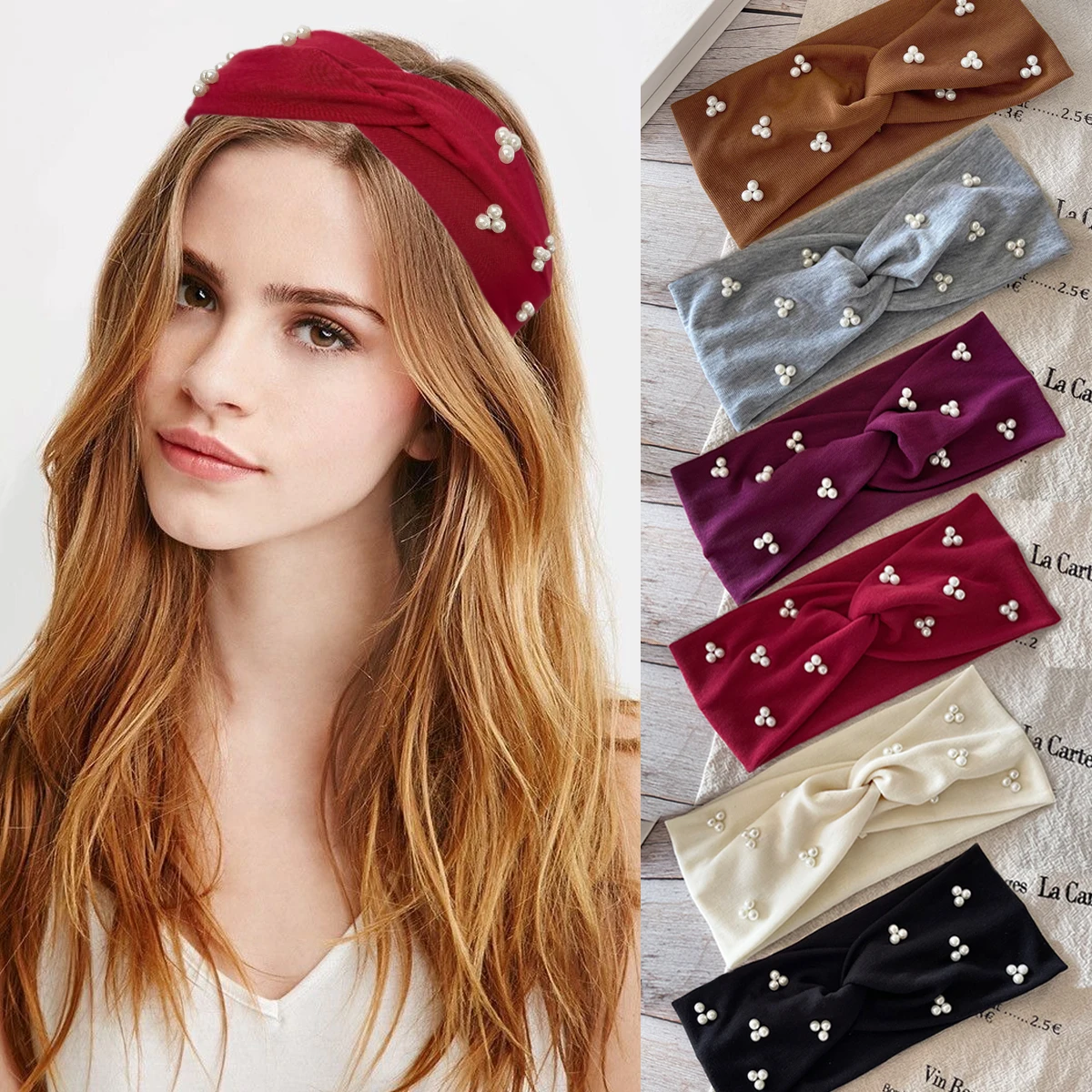 1pc New Pearl Elastic Headband Women Girls Solid Color Fashion Bandana Wide Turban Sweat Absorbing Headscarf Hair Accessories