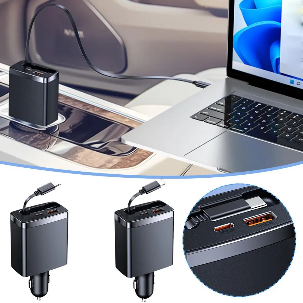 

Выдвижное автомобильное зарядное устройство 3 в 1, 125 Вт, кабель USB Type-C для IPhone, шнур для быстрой зарядки, адаптер для прикуривателя, автомобильные аксессуары I2V3
