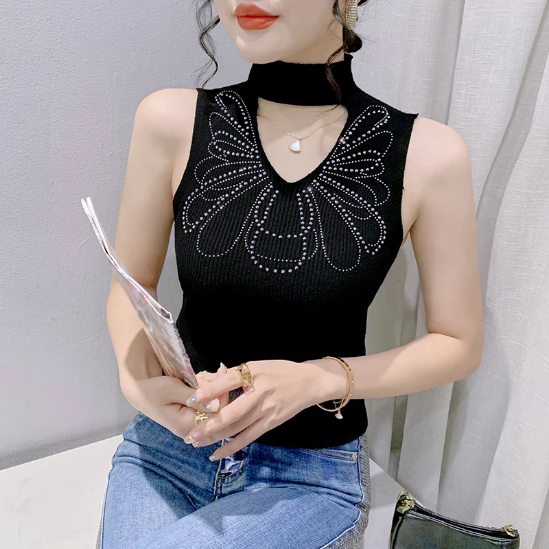 

Женская трикотажная футболка без рукавов, повседневная облегающая футболка с вырезами и стразами, модель 2023 в Корейском стиле на лето, 34119