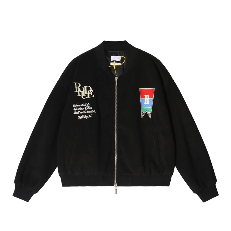 

RHUDE Oversized Jackets Men Women 1:1 Best Quality Floral Letter Embroidery Black Woolen Baseball Jackets