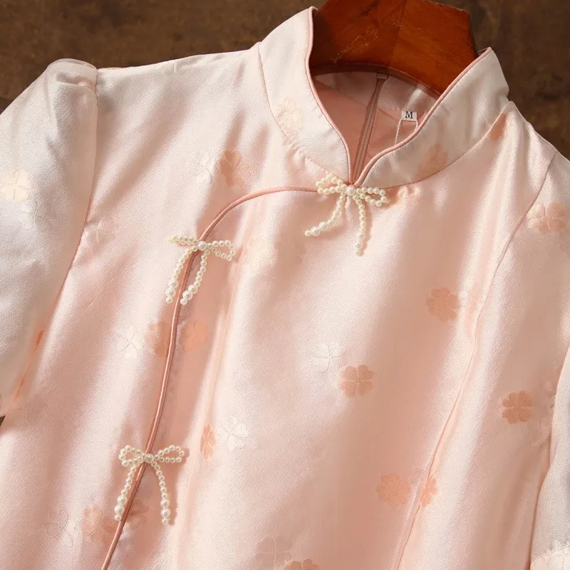 Krátký rukáv růžová girl`s kvést korále stánek límec vylepšená velký houpačka cheongsam šaty