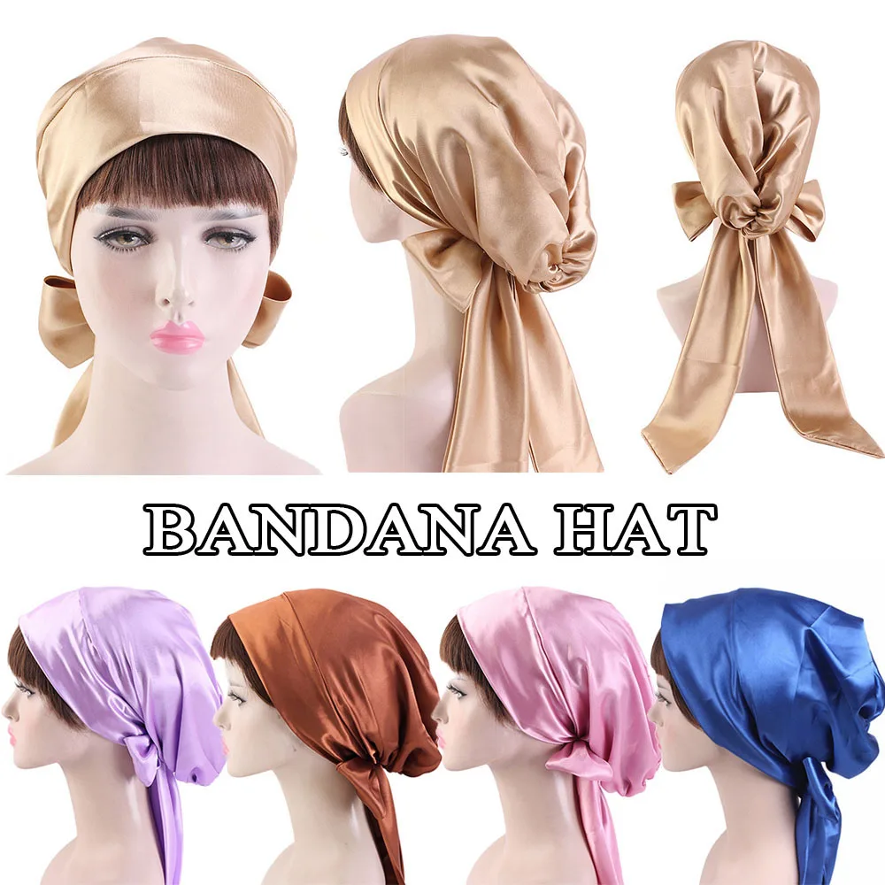 

Women Silk Satin Cap Night Sleep Cap Hair Bonnet Hat Satin Turban Long Hair Care Bonnet Hat Head Cover Streamer Adjustable