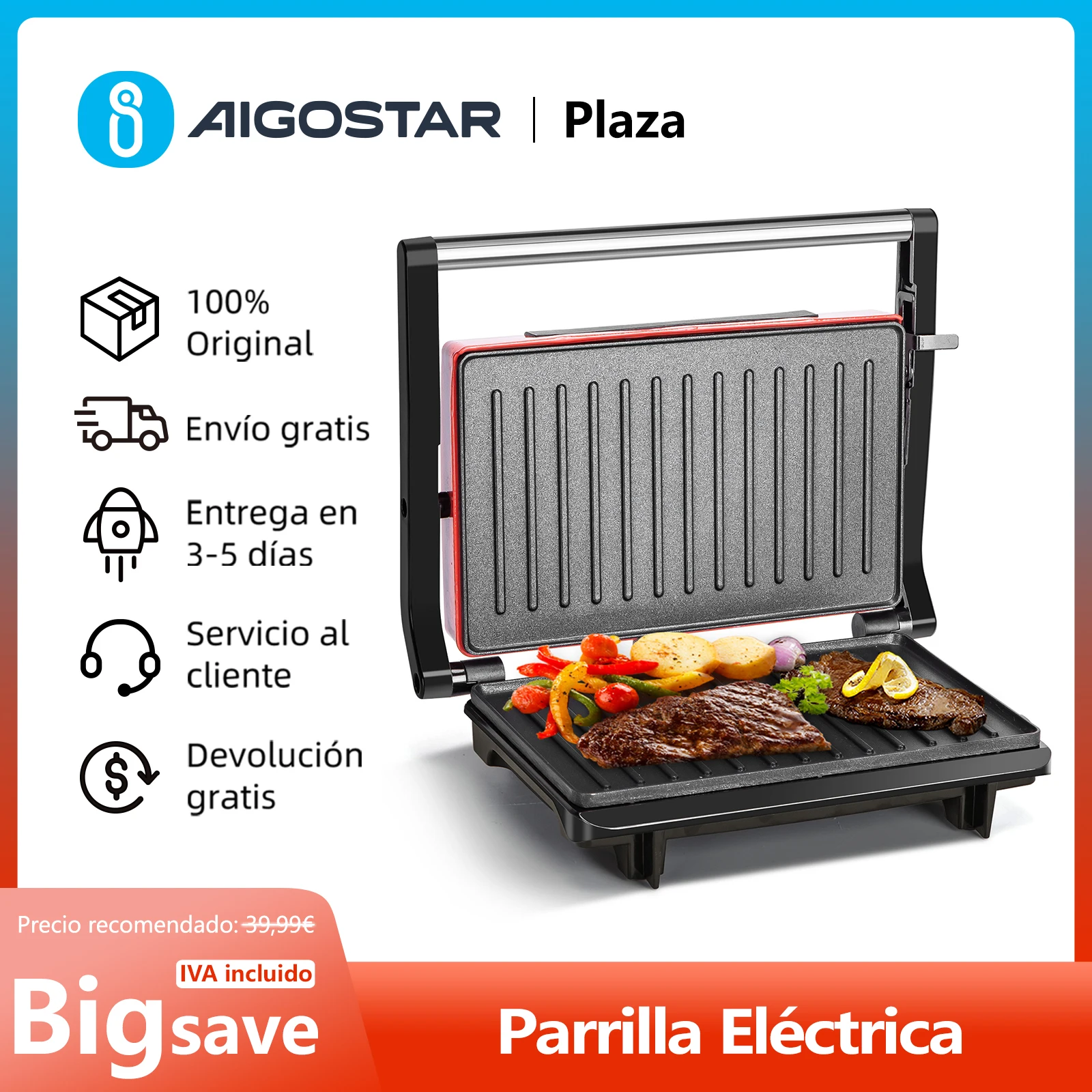 Parrilla Eléctrica Panini Tostadora Tostadora Pan Parrilla Eléctrica Gotoll  1000W Sandwichera, Grill