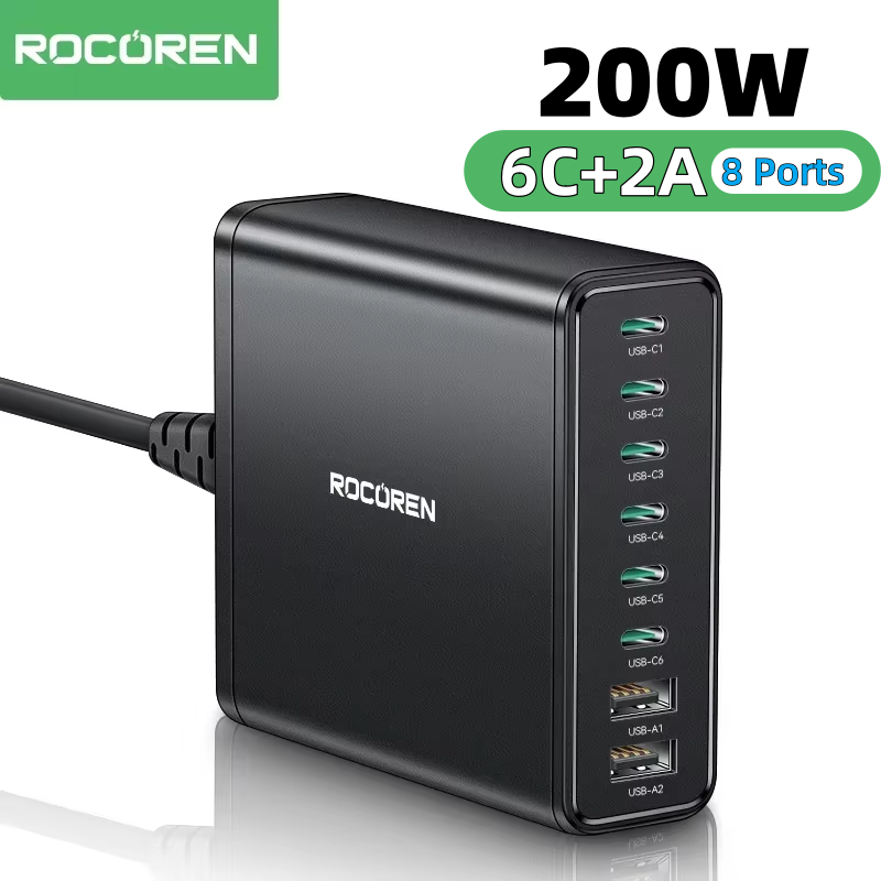 Rocoren 200W 8 Ports USB Type C Charger Desktop PD Fast Charging USBC Type-c Power Station For iPhone 16 Pro Max Samsung Xiaomi