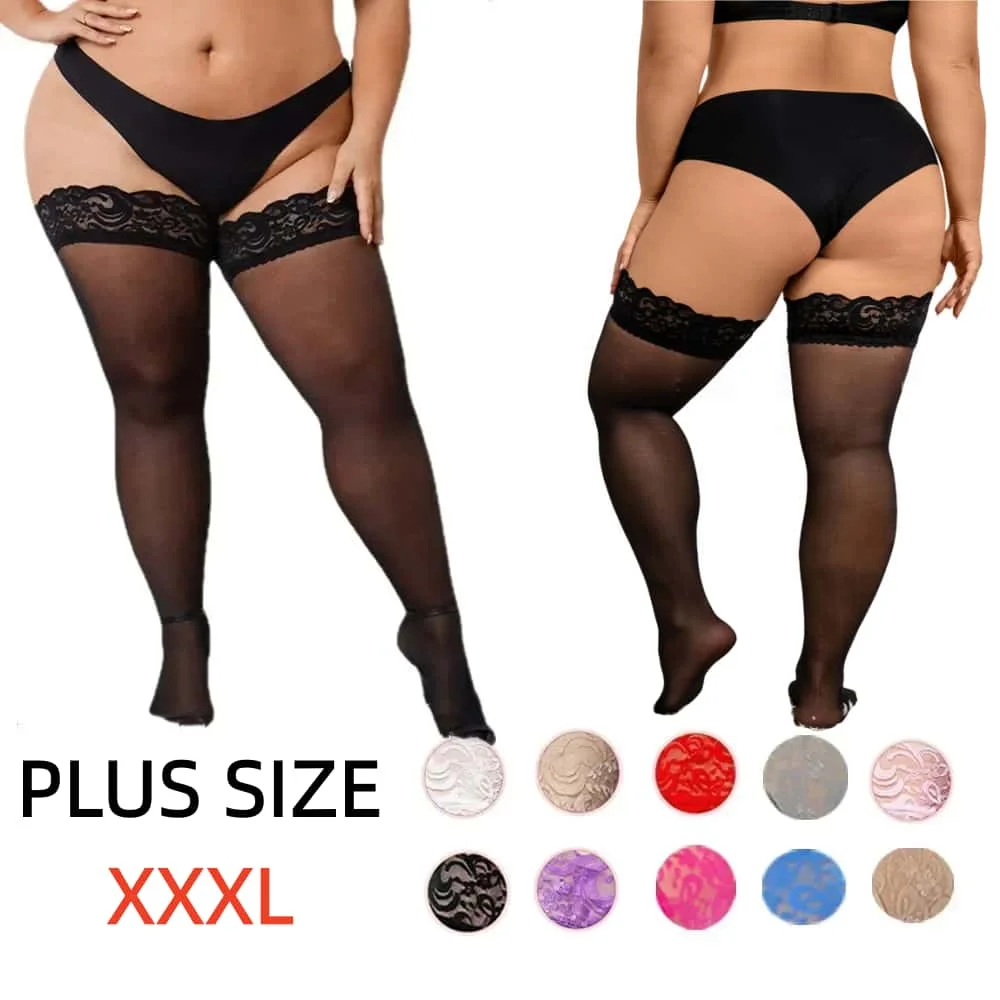 Plus Size Schwarzes Spitzenoberteil Stay Up Anti-Rutsch-Oberschenkelhoher Strumpf über dem Knie Fischnetz Lange Socken Sexy Strümpfe für Übergröße Frauen XL